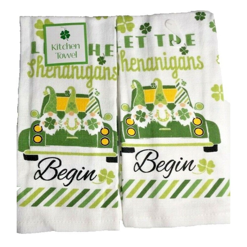 St Patrick's Day Kitchen Dish Towels Set of 2 Let the Shenanigans Begin Gnomes